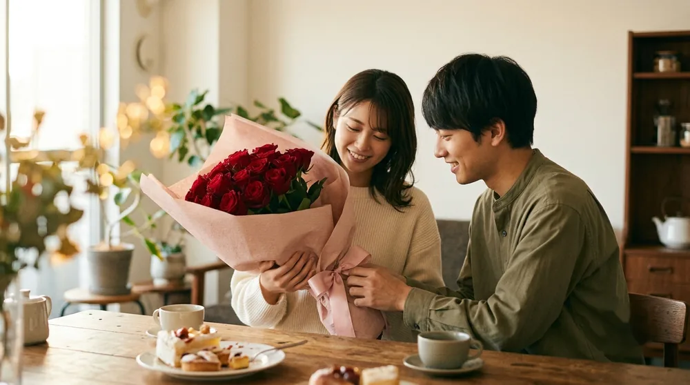赤いバラの花束を受け取って微笑むカップル
