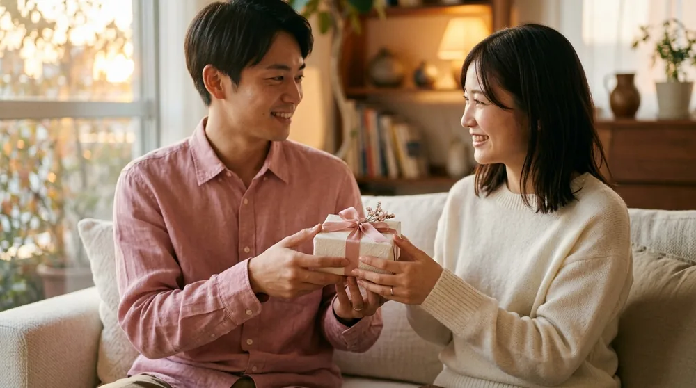 向かい合ってプレゼントを渡し合うカップル